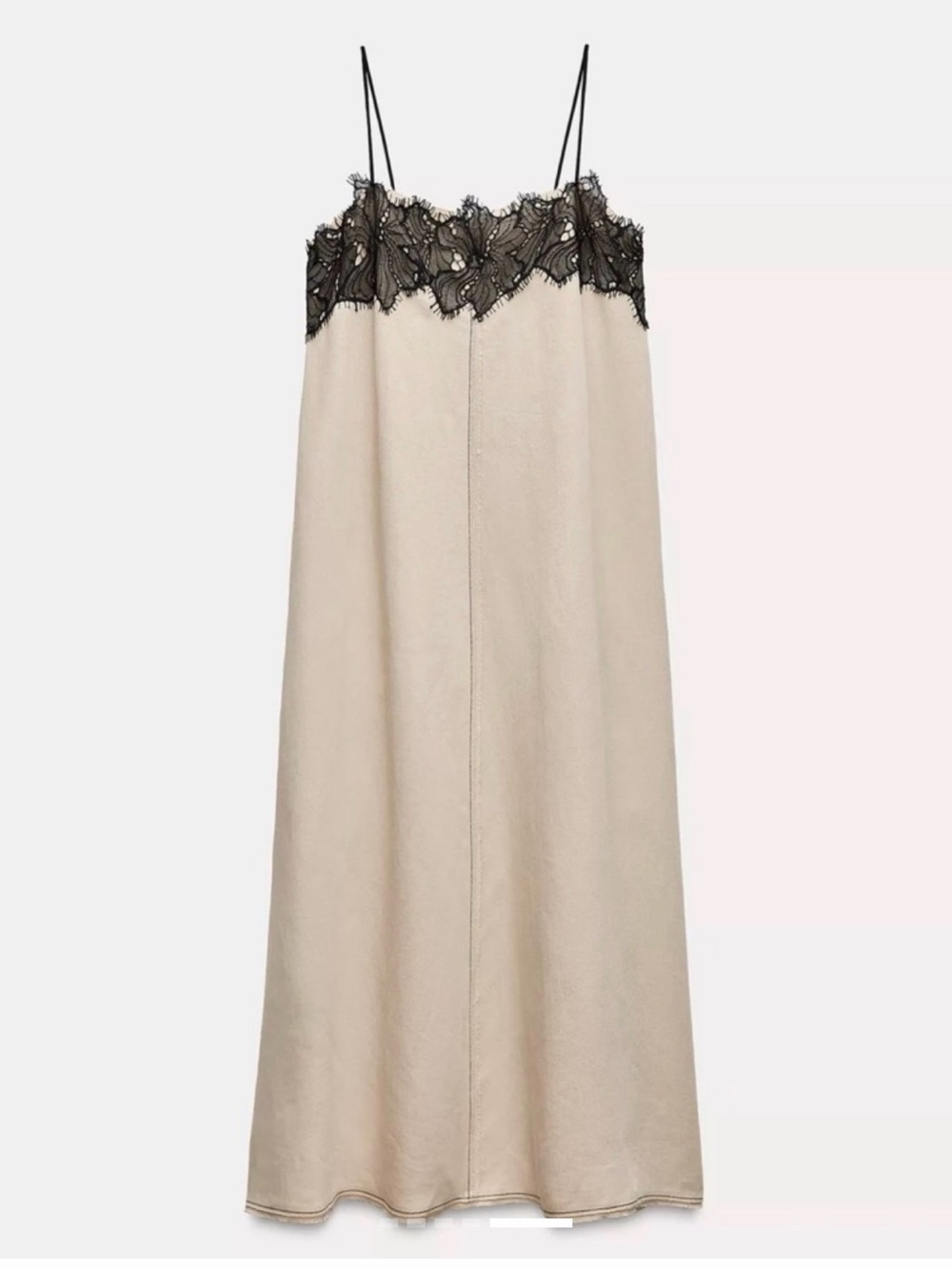Zara Beige Slip Dress with Black Lace Trim